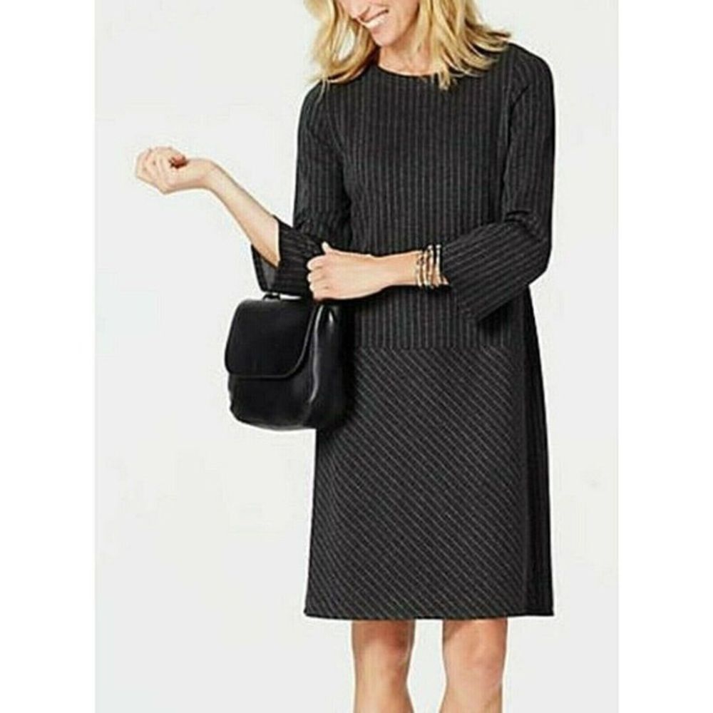 J JILL Gray pint stripe drop waist Ponte Knit 3/4‎ sleeve sheath dress